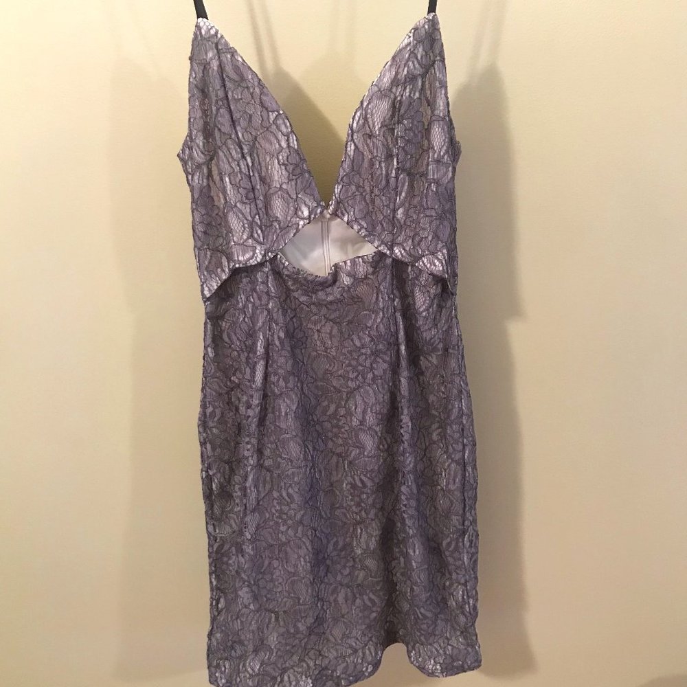 Line and Dot Grey Lace Strap Cut Out Dress